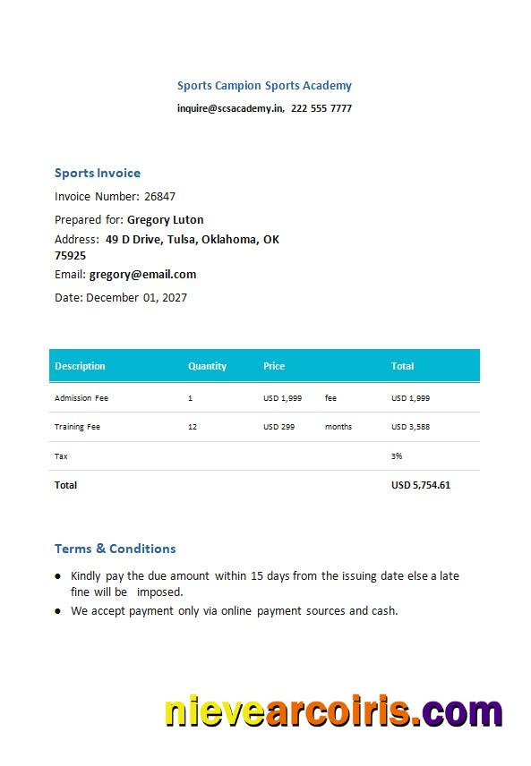 Free Sports Invoice